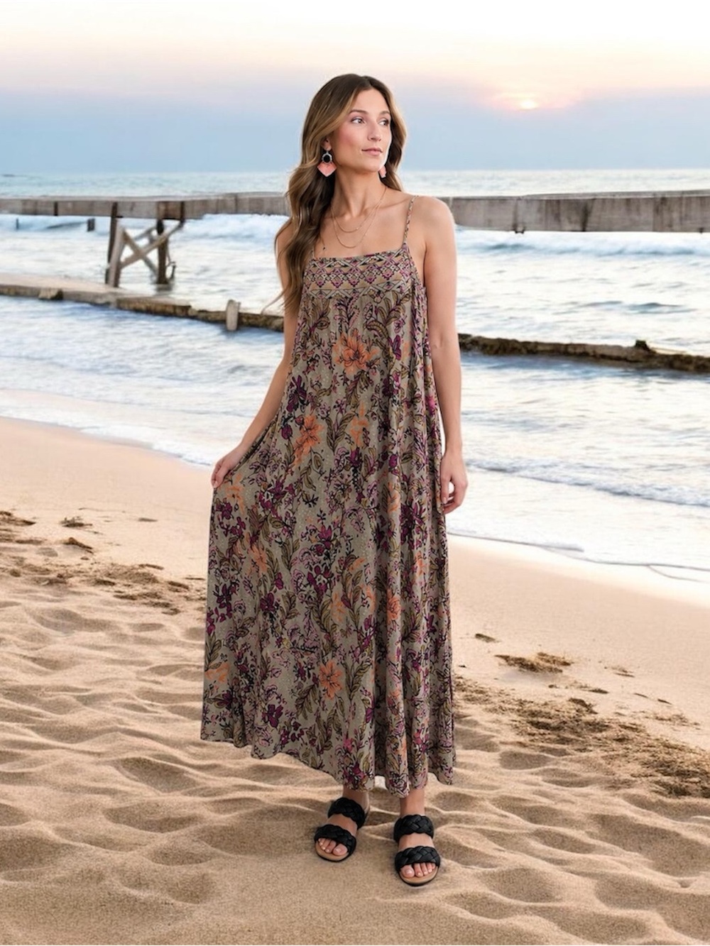 Angie Bohemian Purple Brown Floral Aztec Smock Summer Beach Dress Medium